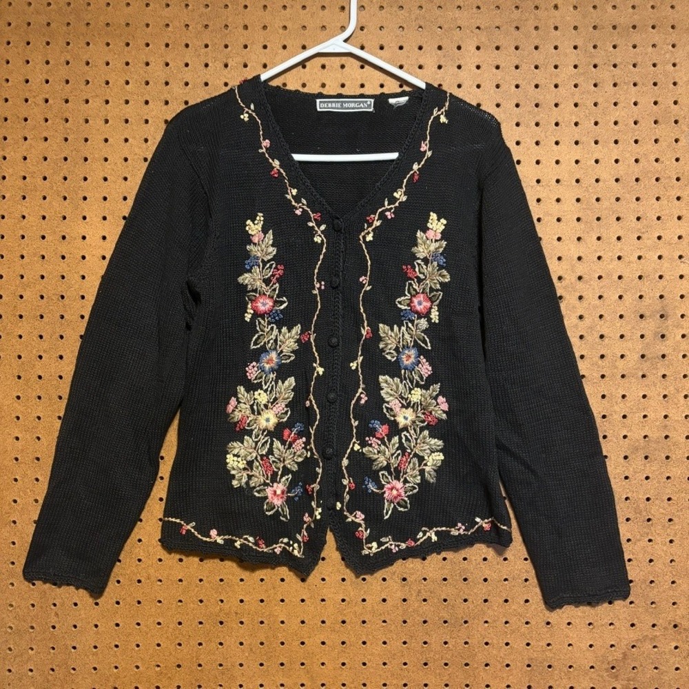 VTG Romantic Cardigan M Black Floral Embroidered Sweater Whimsygoth Granny Dark
